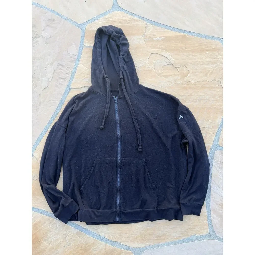Alo Yoga Zip-Up Hoodie Black | Women’s Size L | Lightweight Soft Athleisure BZ